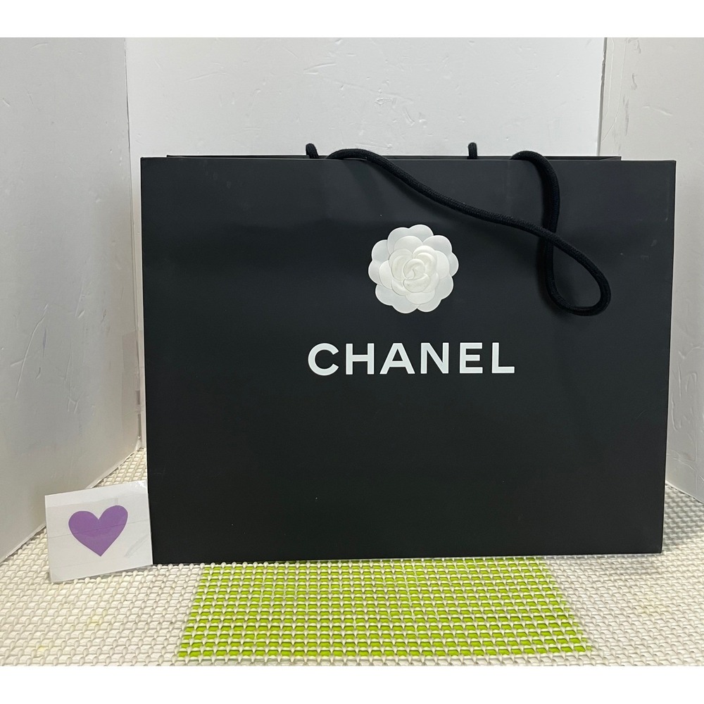 Chanel Large Black Paper Shopping Bag with White Camellia Flower Logo GOOD
